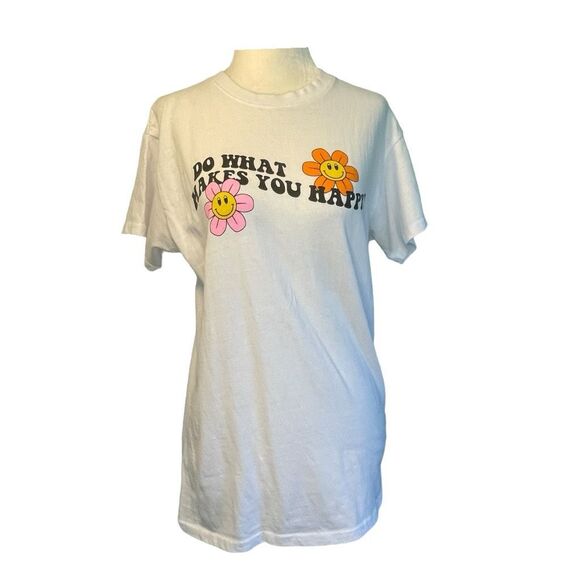 Brisco Brands Happy Flower Graphic Tee White Cotton Crewneck Short Sleeve M - Picture 1 of 4